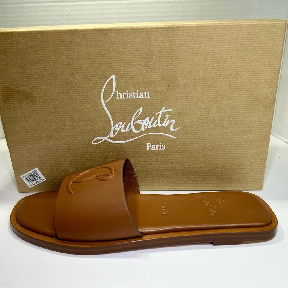 CHRISTIAN LOUBOUTIN CL MULE FLAT SANDAL EMBROIDERED LOGO BROWN LEATHER SZ 39 NEW - Picture 3 of 15
